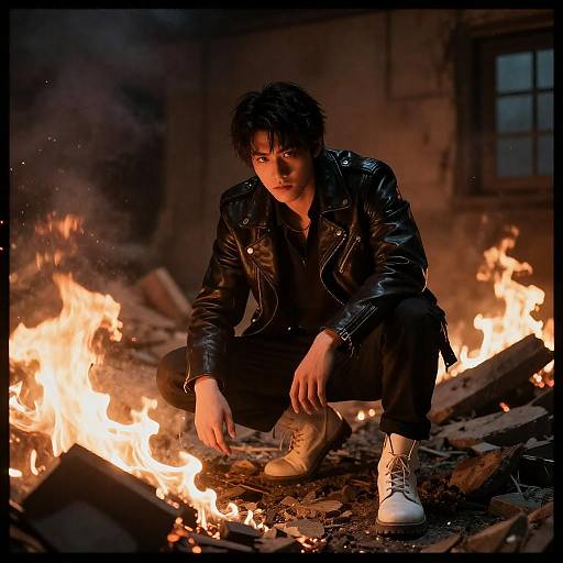 Determined Hero in Burning Rubble