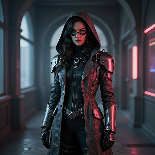 Photograph of a mysterious woman in a dark, hooded leather coat with metallic shoulder pads, black gloves, and mask, standing in a neon-l