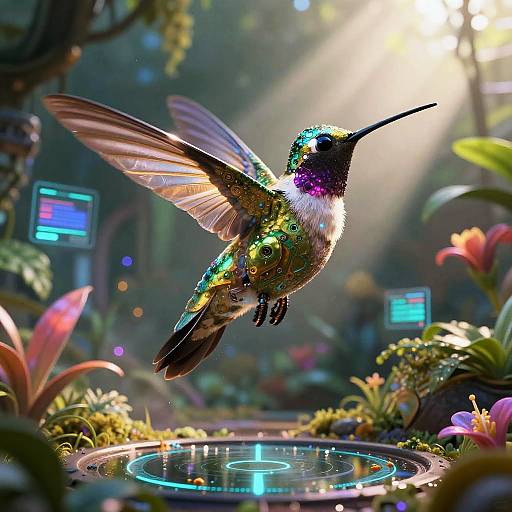 Cybernetic Hummingbird in Neon Garden