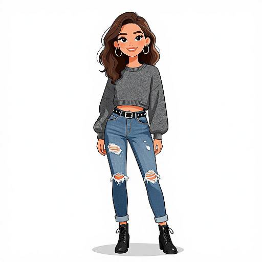 Digital illustration of a young woman with long brown hair, wearing a gray sweater, ripped blue jeans, black belt, and black boots. She has large