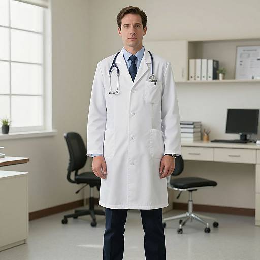 Photograph of a young, white male doctor with short brown hair, wearing a white lab coat, blue tie, and dark trousers, standing in a