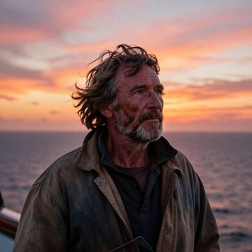 Photograph of a weathered, middle-aged man with gray beard and tousled hair, wearing a dark jacket, gazing at a vibrant sunset over