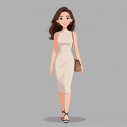 Digital illustration of a smiling, fair-skinned woman with long brown hair, wearing a white sleeveless dress, black sandals, and a brown handbag