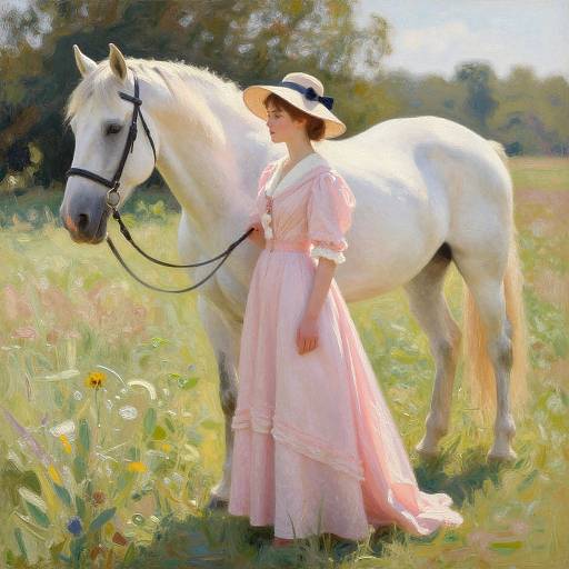 Digital painting of a young woman in a pink dress and wide-brimmed hat standing beside a white horse in a sunlit meadow.