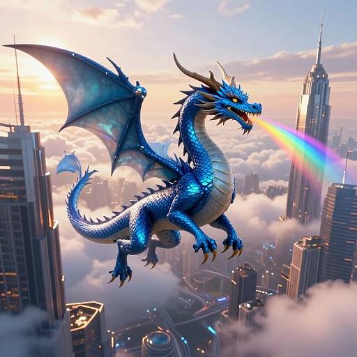 Digital artwork of a vibrant blue dragon with wings and spines, breathing a rainbow-colored breath, soaring above a cityscape with skyscrapers and clouds