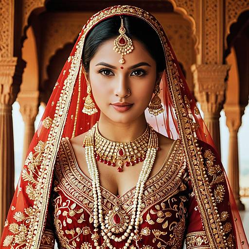 Indian Bride in Traditional Red and Gold Lehenga