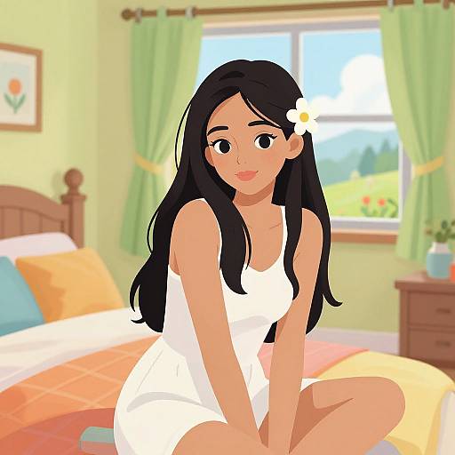 Digital anime-style drawing of a smiling woman with long black hair, wearing a white dress, sitting on a bed in a bright bedroom with green curtains and