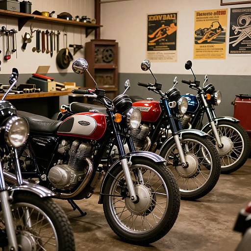 Photograph of four vintage motorcycles lined up in a well-lit, cluttered garage workshop with hanging tools and retro posters on the walls.