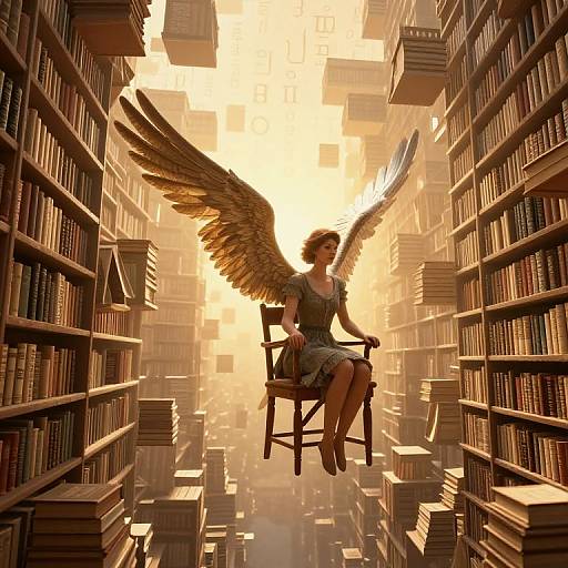 Digital art of a winged, fair-skinned woman with short brown hair, wearing a gray dress, sitting on a chair amidst floating books in a