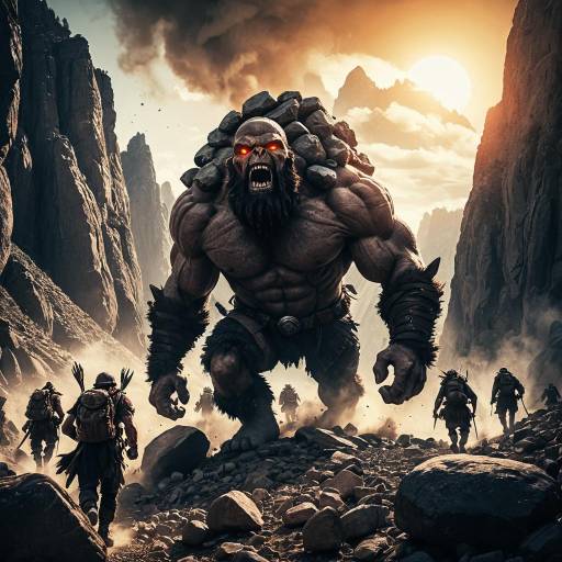 Giant Monster Confronted by Warriors in Rocky Canyon