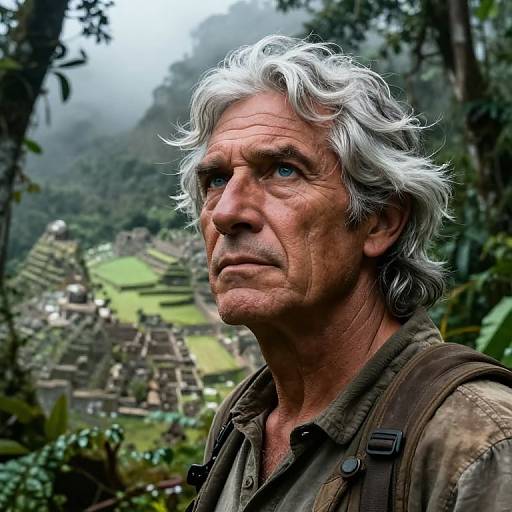 Photograph of an older man with white, wavy hair, wearing a brown jacket, standing in a misty, lush, mountainous landscape with