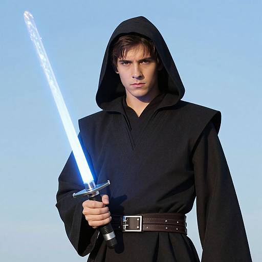 Photograph of a young man with brown hair, wearing a black hooded robe, holding a glowing blue lightsaber against a gradient blue background.