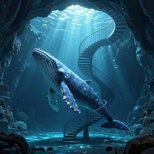 Digital artwork of a massive blue whale swimming through a luminous underwater cave with a spiraling metal staircase, surrounded by dark rocks and glowing light beams.