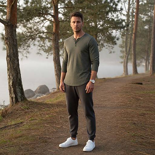 Photograph of a muscular man with short brown hair, wearing a dark green long-sleeve henley, black pants, and white sneakers, standing