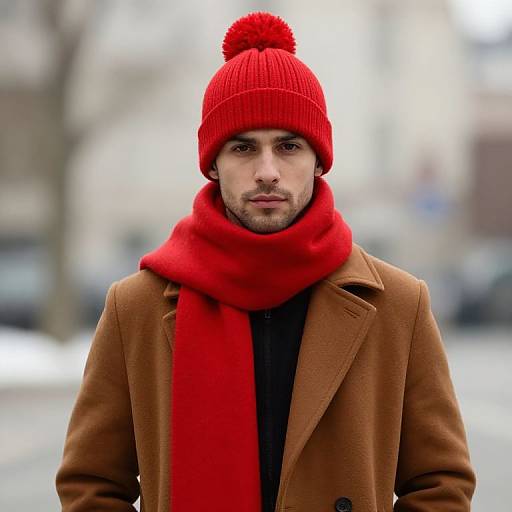 Man in Brown Coat with Red Scarf