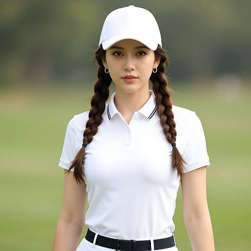 Photorealistic digital image of an Asian woman with long braided brown hair, wearing a white cap, polo shirt, and belt, standing on a