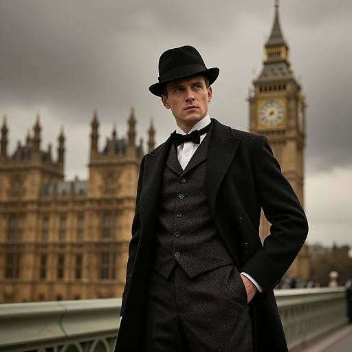 Photograph of a young Caucasian man in black Victorian-style suit and bowler hat, standing in front of Big Ben, cloudy sky background.