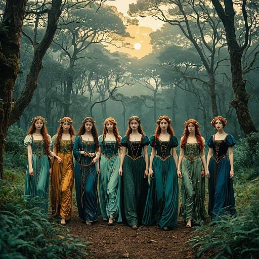 Celestial Nymphs in Misty Woodland