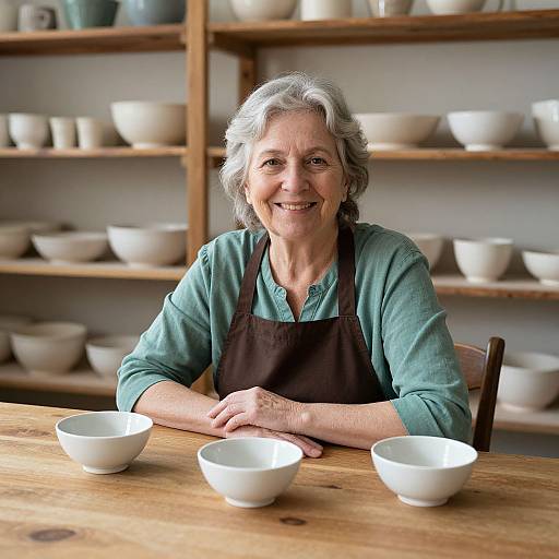 Photograph of an elderly woman with gray hair, smiling, wearing a teal shirt and black apron, sitting at a wooden table with four white bowls