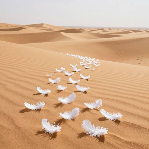 Photograph of white feathers scattered across sunlit, rippled orange sand dunes, with sunlight creating long shadows. Feathers appear to be floating away