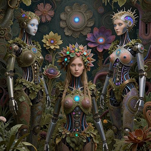 Digital art: Three futuristic, humanoid robots with glowing blue eyes, adorned in intricate floral armor, standing amidst vibrant, surreal floral background.
