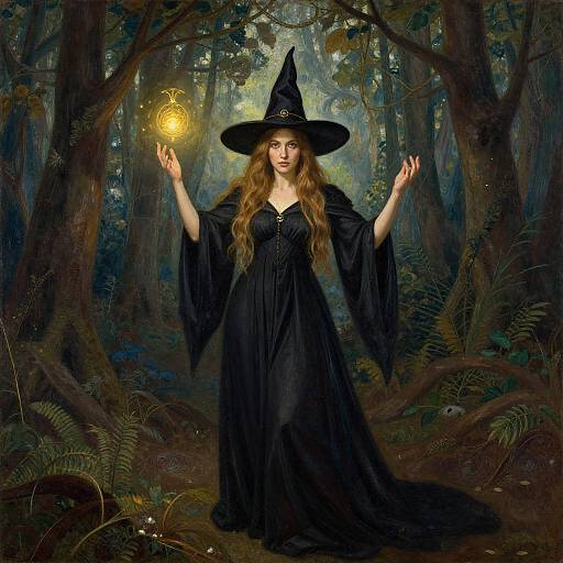 Digital artwork of a fair-skinned, red-haired witch in a black dress and hat, holding a glowing orb in a dark, enchanted forest.