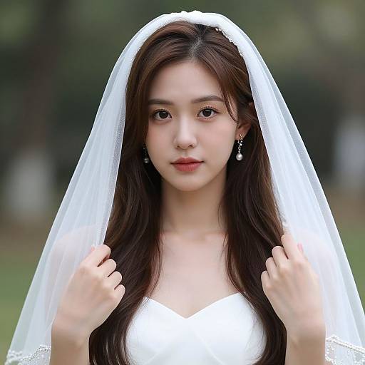 Photograph of a young Asian woman with long brown hair, wearing a white wedding dress and veil, holding the veil with both hands, standing in a