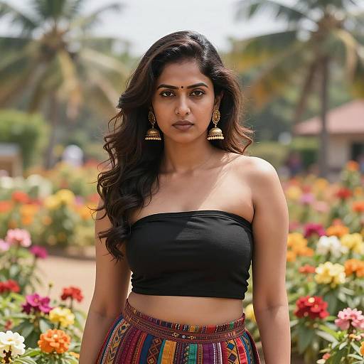 Indian Woman in Colorful Skirt in Garden