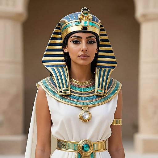 Photograph of a woman with dark skin and black hair, wearing an Egyptian pharaoh-style headdress, white dress, gold and blue accessories, and