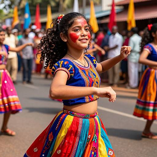 Photograph of an Indian woman with dark curly hair, wearing a colorful traditional outfit, face painted with red dots, dancing in a street parade with blurred