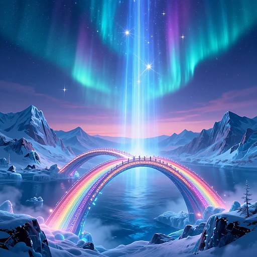 Digital art: Vibrant rainbow bridge over icy, mountainous waters at night, illuminated by a brilliant blue and white aurora cascade.