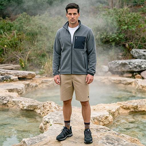 Photograph of a fit, young man with short dark hair, wearing a gray hoodie, beige shorts, and black sneakers, standing on rocks in front