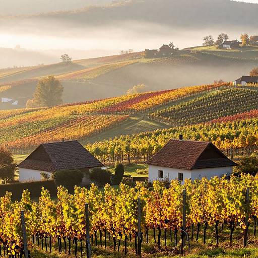 Photograph of a sunlit, rolling vineyard landscape with two white, red-roofed houses, rows of yellow-orange grapevines, and