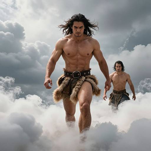 Photograph-style digital art of two muscular, shirtless men with long black hair, wearing fur loincloths, walking through clouds against a dramatic