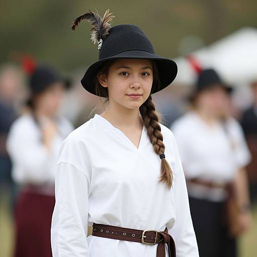 Photograph of a young girl with light skin and brown eyes, wearing a black hat with a feather, white blouse, and brown belt, standing in