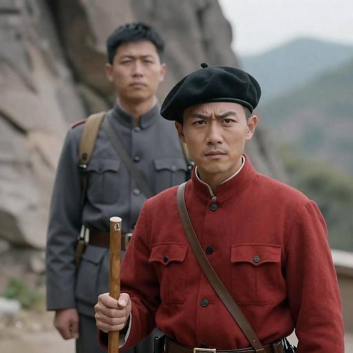 Two Men in Historical Military Clothing Outdoors