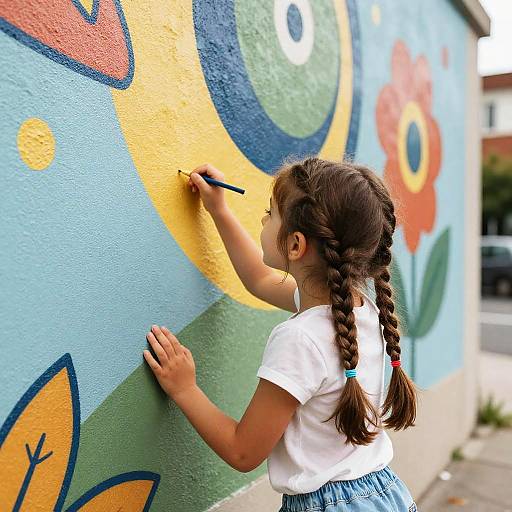 Young girl with braided hair, white shirt, and blue skirt, painting colorful mural on blue wall with yellow and orange flowers.
