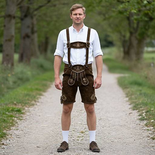 Photograph of a man standing on a gravel path in a forest, wearing white shirt, brown leather suspenders, and dark shorts with decorative embroidery.