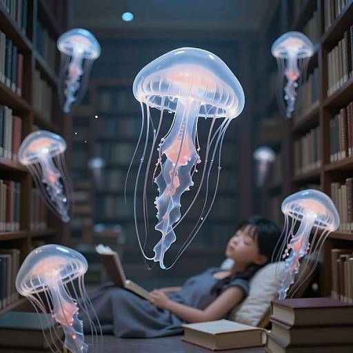 Photograph of a young Asian girl in a library, reading while surrounded by glowing blue jellyfish floating above her.
