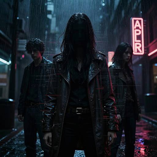 Cyberpunk rain scene: dark, wet figures with neon 