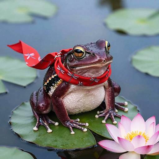 Photograph of a dark purple frog with a red bandana, sitting on a green lily pad, surrounded by water lilies and floating lily