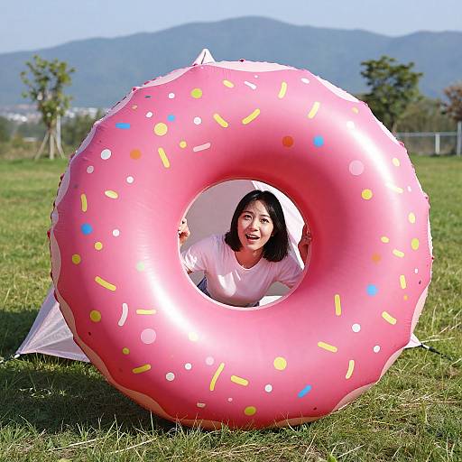Asian woman smiling, peeking through a large pink donut float with sprinkles, in a sunny grassy field with mountains. Photograph.