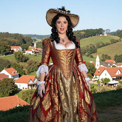 Photograph of a fair-skinned woman in a detailed, gold and red, Renaissance-style dress with white lace cuffs, standing in a sunlit,