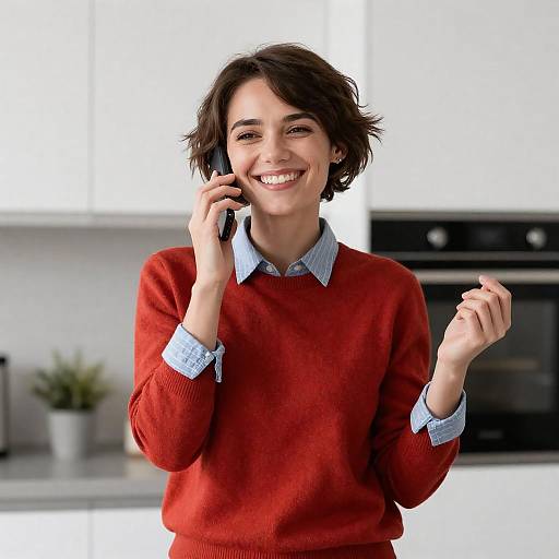 Smiling Woman on Phone in Kitchen