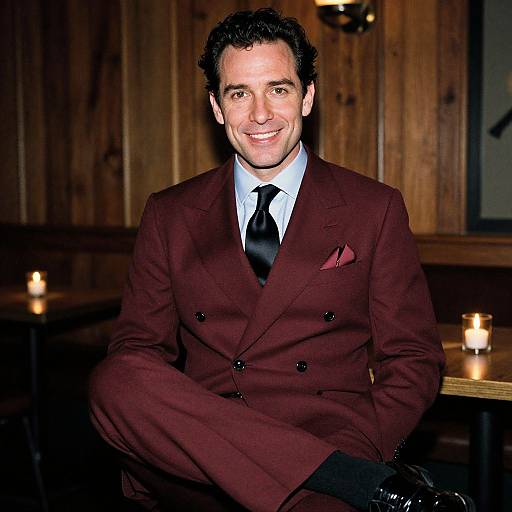 Photograph of a smiling man with curly dark hair, wearing a maroon double-breasted suit, black tie, and pocket square, seated in a