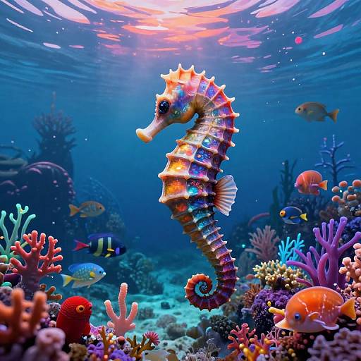 Vibrant underwater photograph of a colorful seahorse, surrounded by coral, fish, and ocean plants, bathed in sunlight.