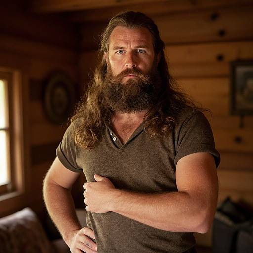 Photograph of a muscular, bearded man with long brown hair, wearing a dark brown V-neck shirt, standing in a wooden cabin. He looks