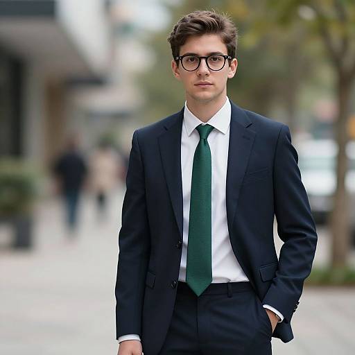 Photograph of a young Caucasian man with brown hair, glasses, in a black suit, white shirt, and green tie, standing confidently outdoors. Bl