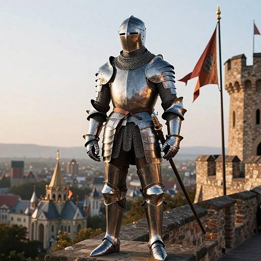Photograph of a knight in shiny silver armor standing on a castle parapet, holding a sword, with a cityscape and castle flags in the