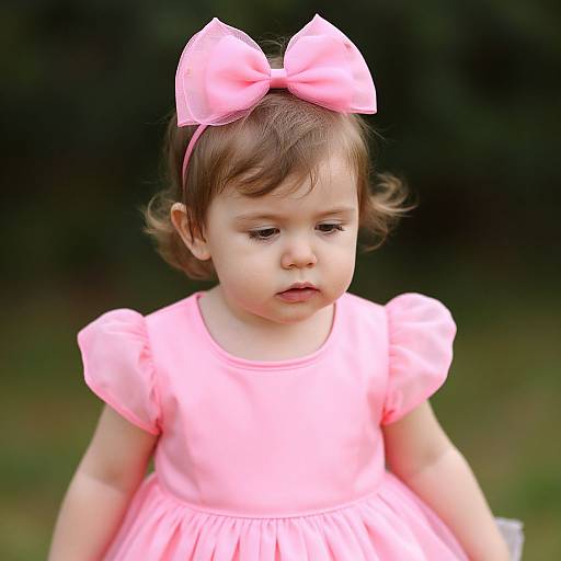Photograph of a young girl with light brown hair, wearing a pink dress and large pink bow headband, looking down in a green outdoor setting.
